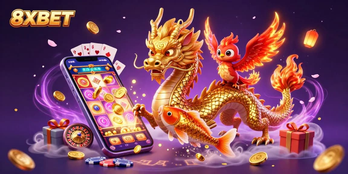 Play and win with 8XBET's vibrant casino scene featuring a golden dragon, koi fish, and exciting gaming elements.