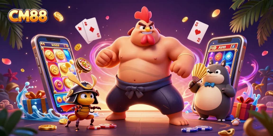 Experience CM88's thrilling casino action with a dynamic, vibrant scene packed full of colorful gaming elements.