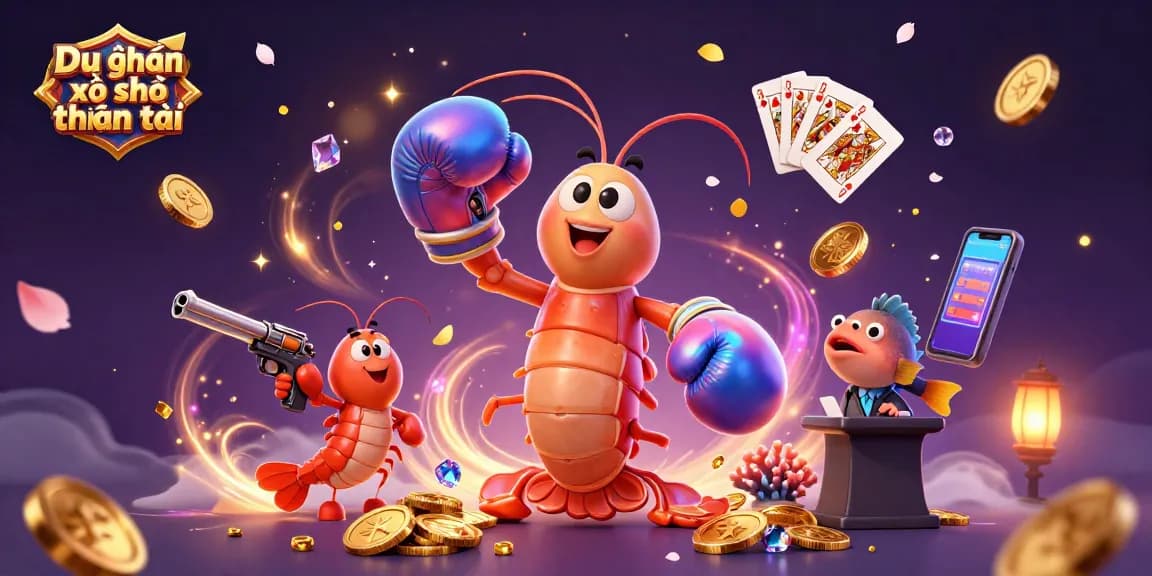 Dự đoán xổ số thần tài reveals lucky lottery predictions with vibrant casino elements and dynamic characters.