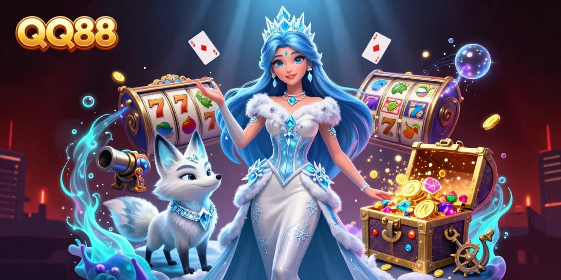 Experience thrilling slot games with QQ88's captivating casino illustration featuring vibrant themes.