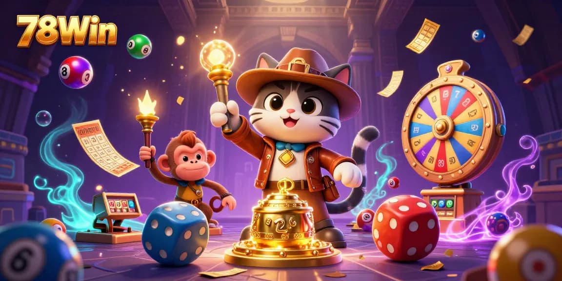 Experience exciting wins at 78Win as an explorer cat discovers casino treasures in a vibrant 3D scene.