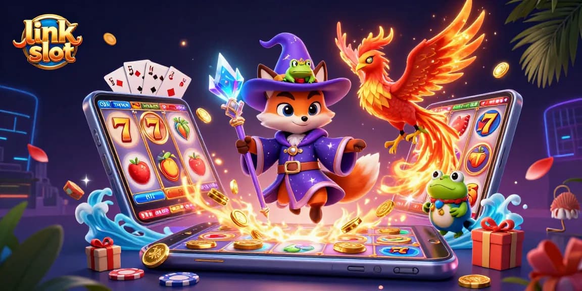 Permainan slot link slot ditampilkan dalam ilustrasi 3D dengan elemen kasino berwarna-warni dan detail menarik.