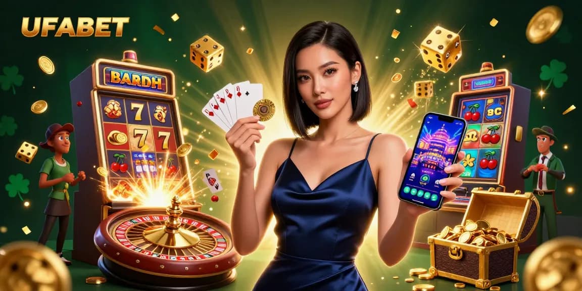 Play exciting games at UFABET, featuring a stunning Asian woman at a vibrant casino scene.