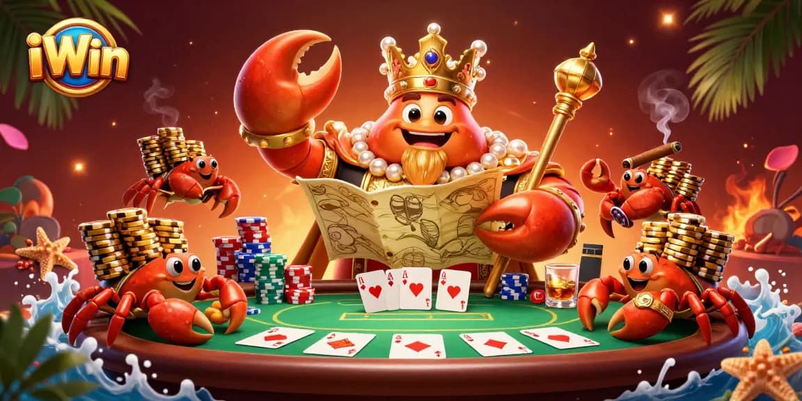 Experience iWin with engaging poker action featuring a golden crab emperor and rich casino elements.