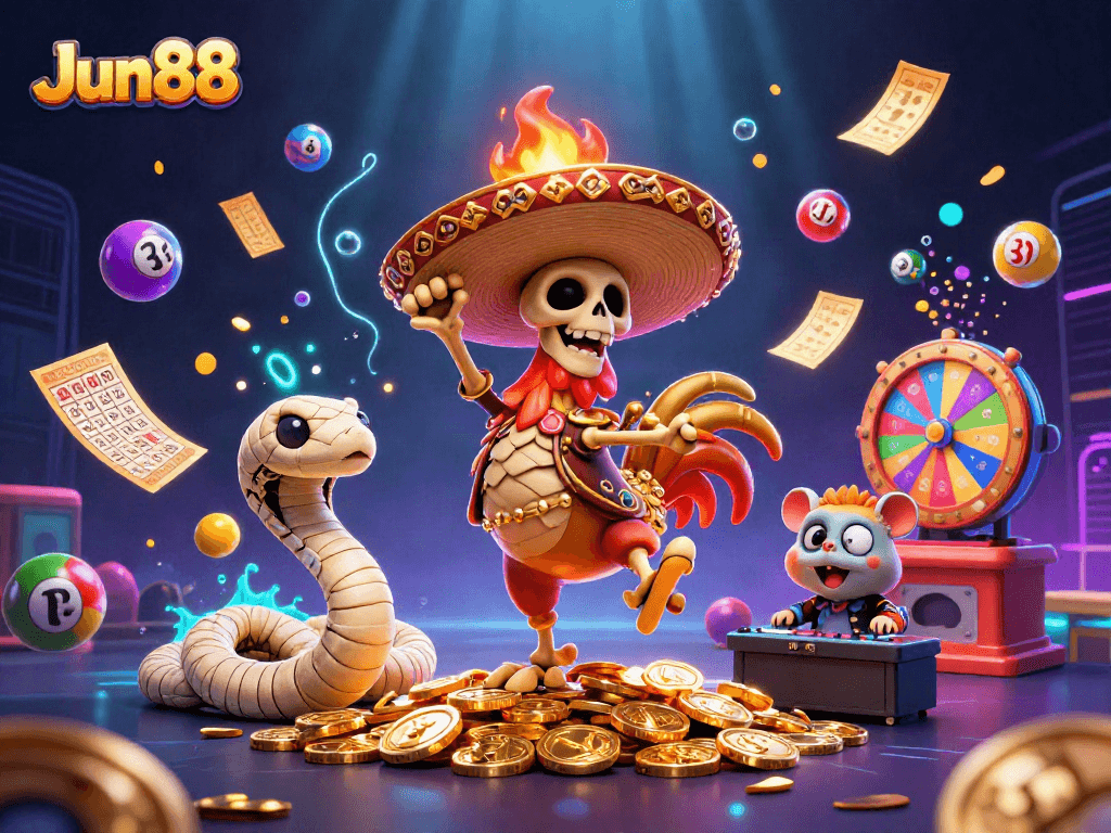 Experience thrilling wins with Jun88's vibrant casino scene featuring lively characters and exciting gaming elements.