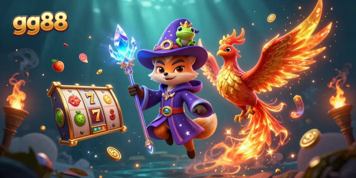 Spin the reels with gg88's enchanting wizard fox and phoenix amidst vibrant casino elements.