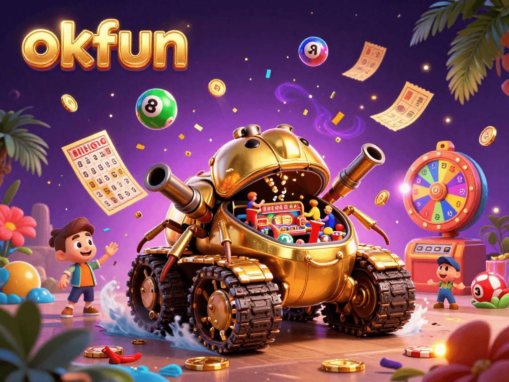 Experience excitement at okfun's vibrant miniature casino within a golden beetle tank exploding with confetti and gaming elements.