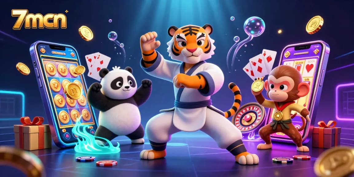 Experience thrilling slots action with 7mcn characters in a vibrant casino scene featuring gold and excitement.