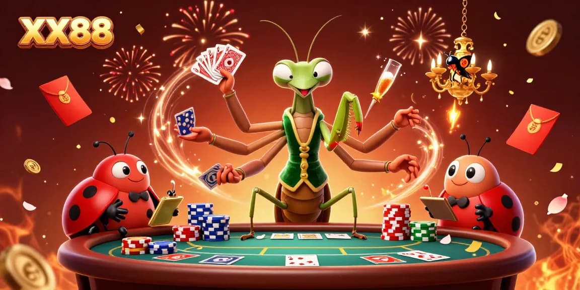 Engage in thrilling games at XX88 with dynamic casino elements in a vibrant 3D illustration.