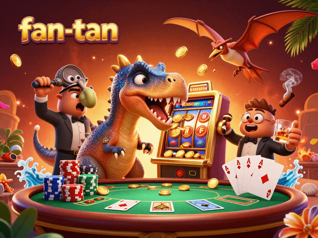 Engage in fan-tan action as a pachycephalosaurus interacts with a golden slot machine in a festive casino scene.