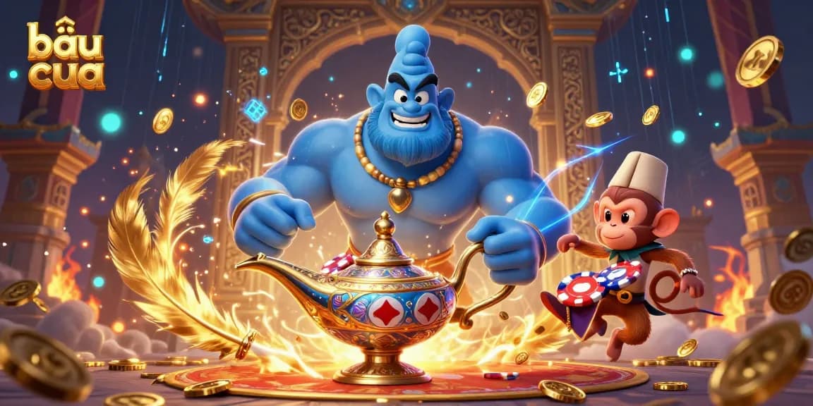 Bầu cua game illustration featuring a genie, monkey, and magic carpet surrounded by coins and betting tokens.