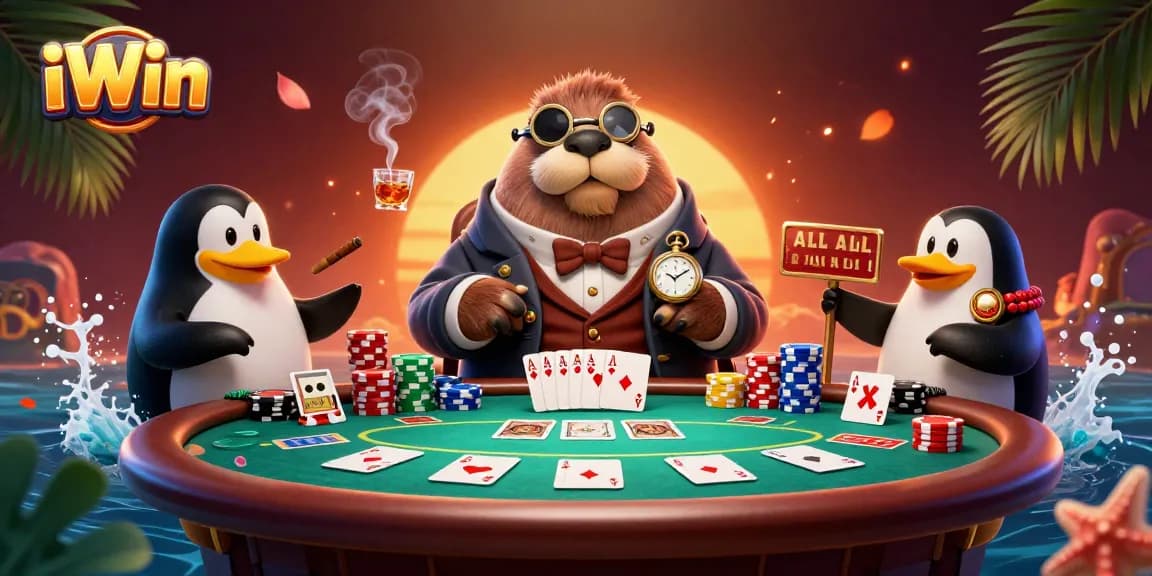 Engage in thrilling poker action with iWin's vibrant underwater scene featuring unique characters.