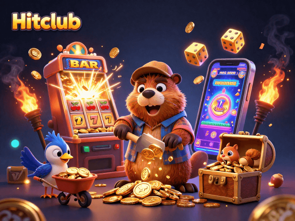 Join the fun at Hitclub with a lively 3D scene of a beaver, bird, and squirrel collecting winnings from a bustling casino atmosphere.