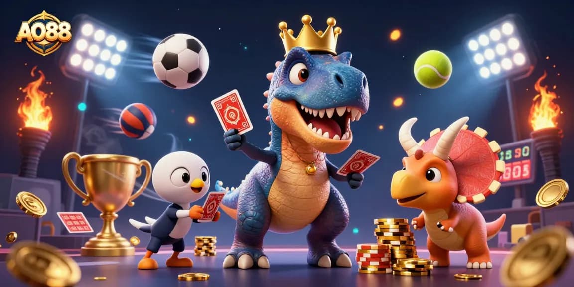 Engage in thrilling AO88 gaming adventure with T-Rex, pterodactyl, and triceratops surrounded by sports elements.