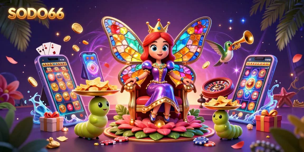 SODO66 captivates players with a vibrant 3D casino scene featuring enchanting characters engaging with exciting gaming elements.