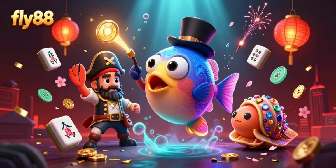 Engage with fly88's vibrant online casino world featuring treasures, 3D characters, and dynamic gaming elements.