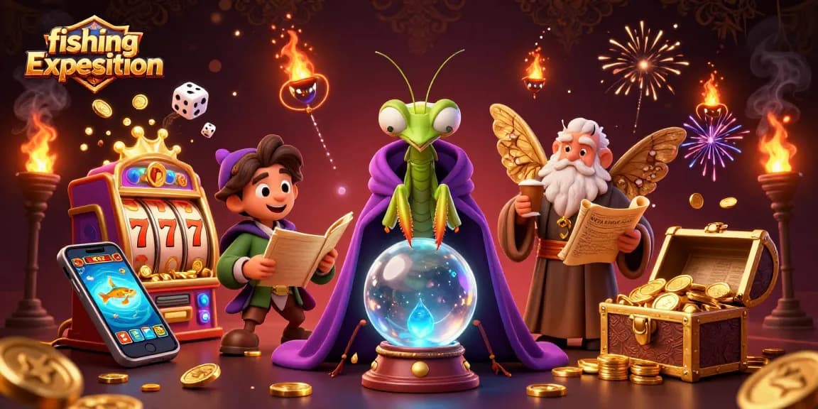 Join the exciting fishing expedition with vibrant casino elements and characters in this 3D illustration.
