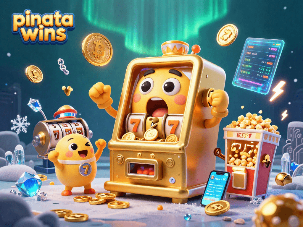 Experience pinata wins in a vibrant 3D illustration of a golden slot machine hitting a jackpot.