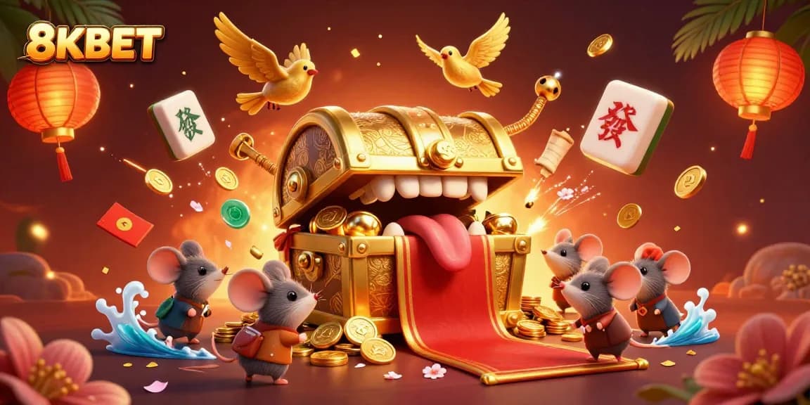 Playfully engaging 8KBET treasure chest lures adventurers with captivating golden symbols and festive elements.