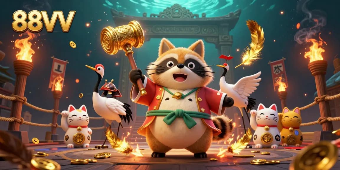 Experience excitement at 88VV with a dynamic scene of a cheerful tanuki and companions celebrating luck.