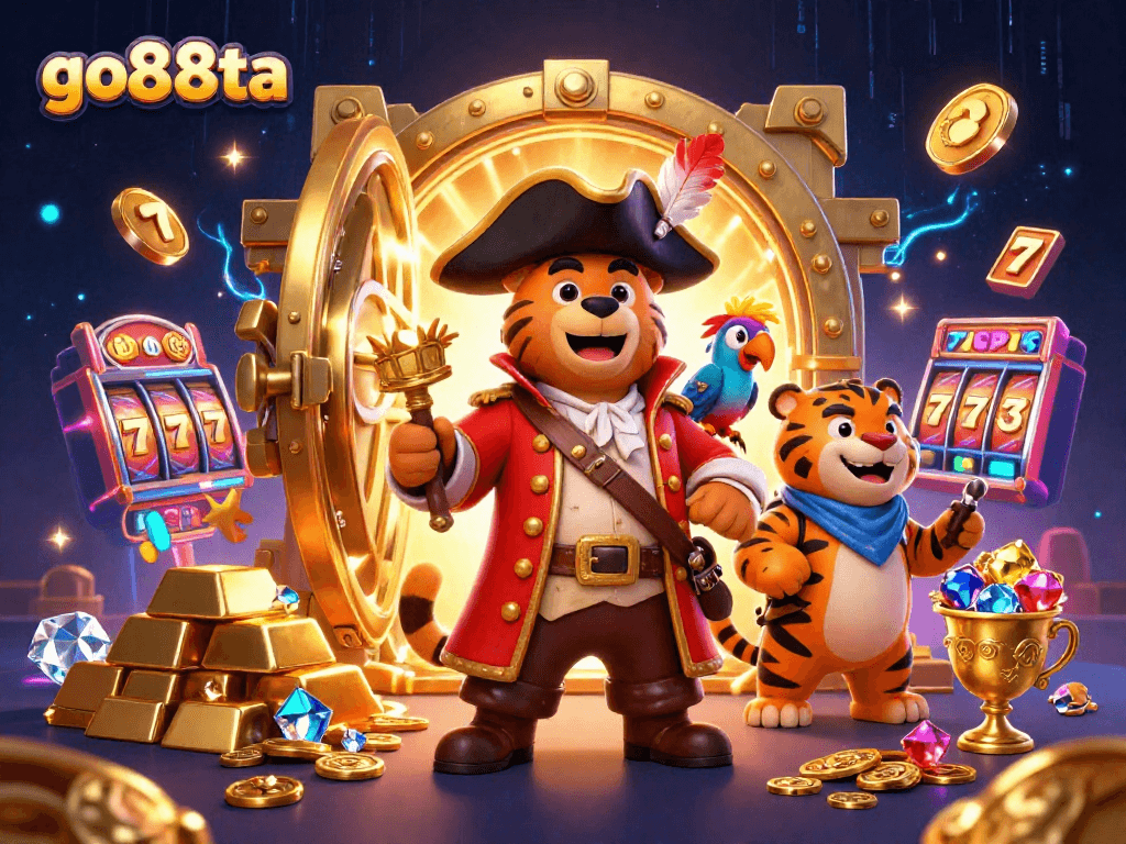 Spin the reels of go88ta's vibrant 3D casino scene with pirate characters and treasure elements.