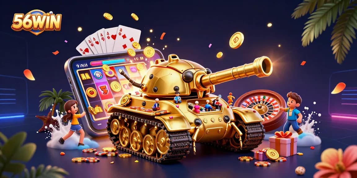 Experience exciting gameplay at 56WIN with golden beetle tank and casino-themed elements.