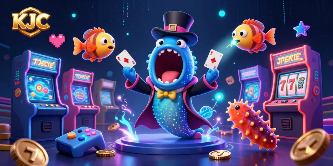 KJC entertains with colorful casino-themed characters performing magic tricks in a dynamic and vibrant scene.