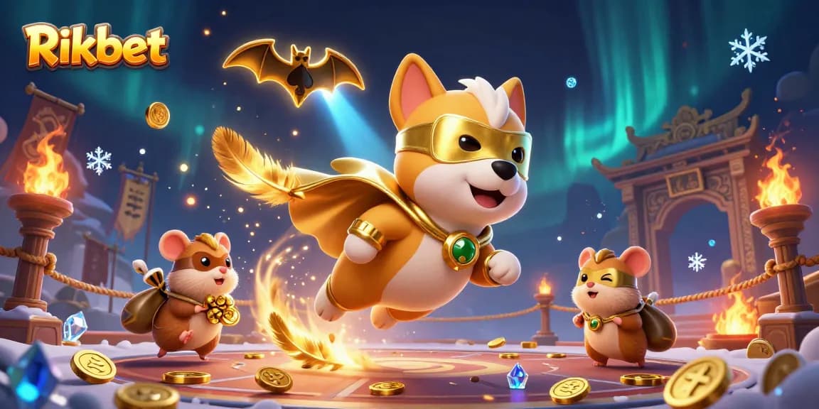 Rikbet showcases thrilling gaming adventures with a superhero dog and hamster amidst a vibrant casino scene.