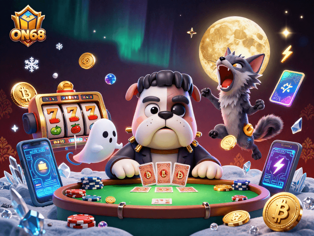 ON68 features a playful scene with a 3D Frankenstein bulldog monster dealing cards amidst vibrant gambling elements.