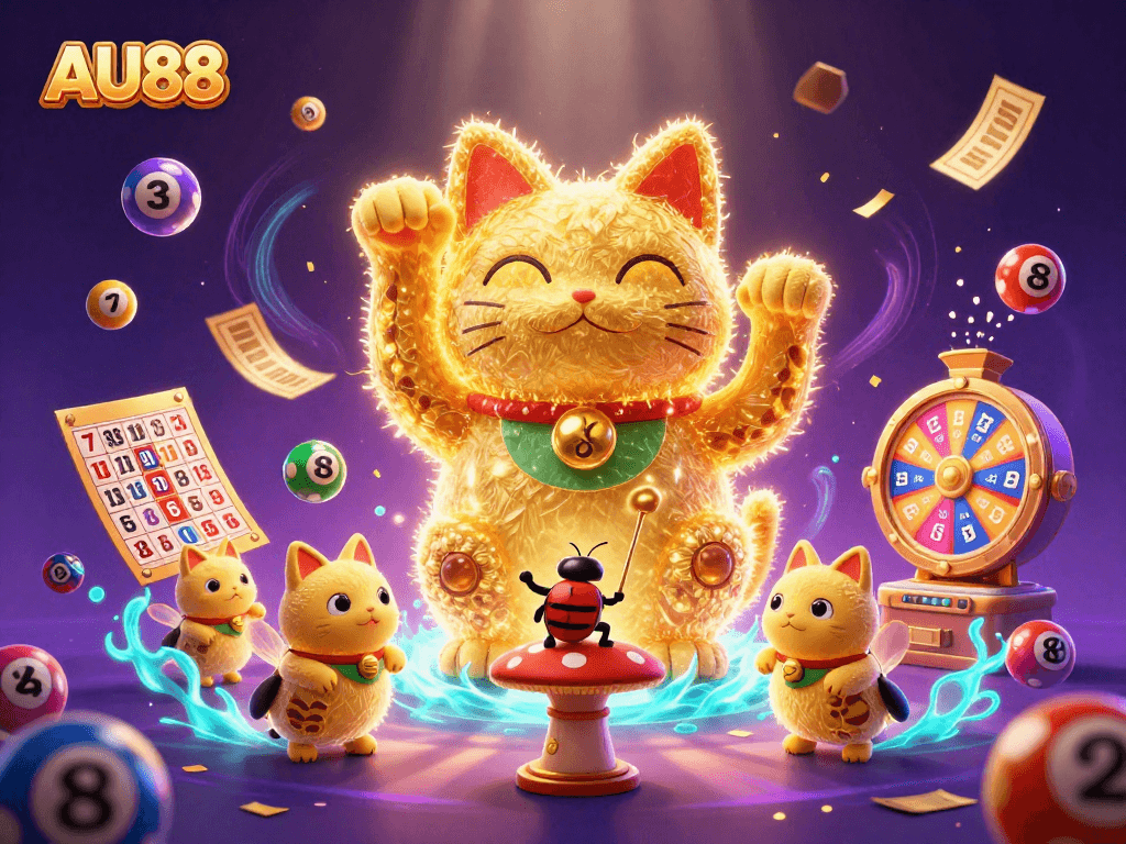 Join the excitement at AU88, where a lucky cat and fireflies embody casino fun with vibrant prizes.
