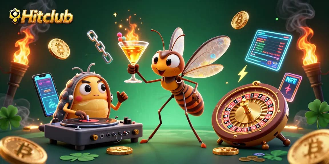 Hitclub showcases gamblers spinning the golden roulette wheel, holding crypto coins in a thrilling casino scene.