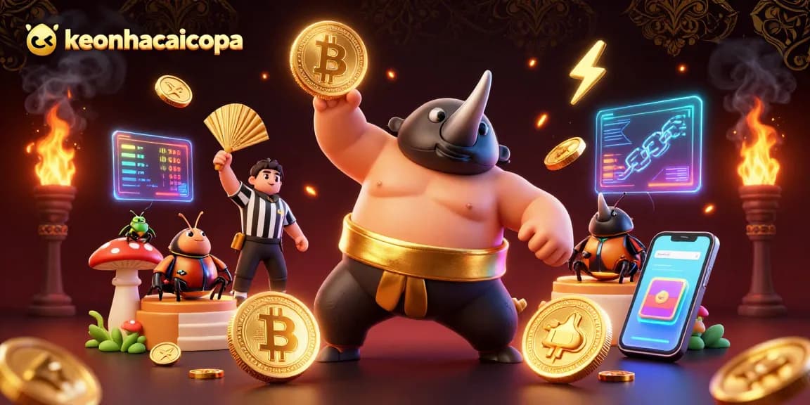 Experience keonhacaicopa thrills with a dynamic casino scene featuring a rhinoceros beetle sumo champion.