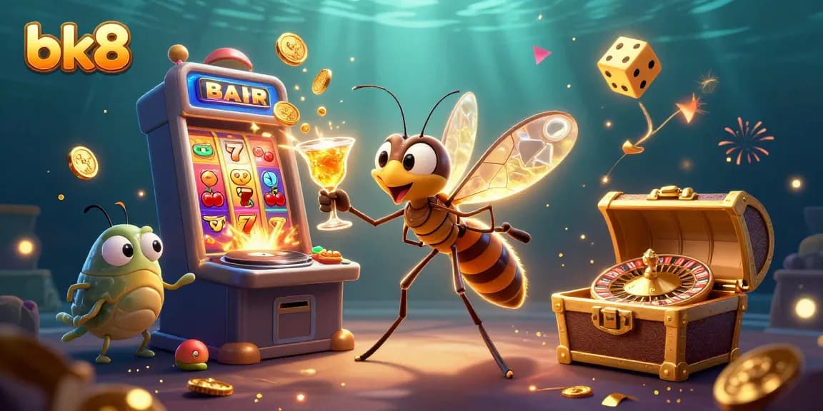 Experience jackpots with bk8 as a frozen mosquito mascot and trilobite DJ celebrate in a lively casino scene.