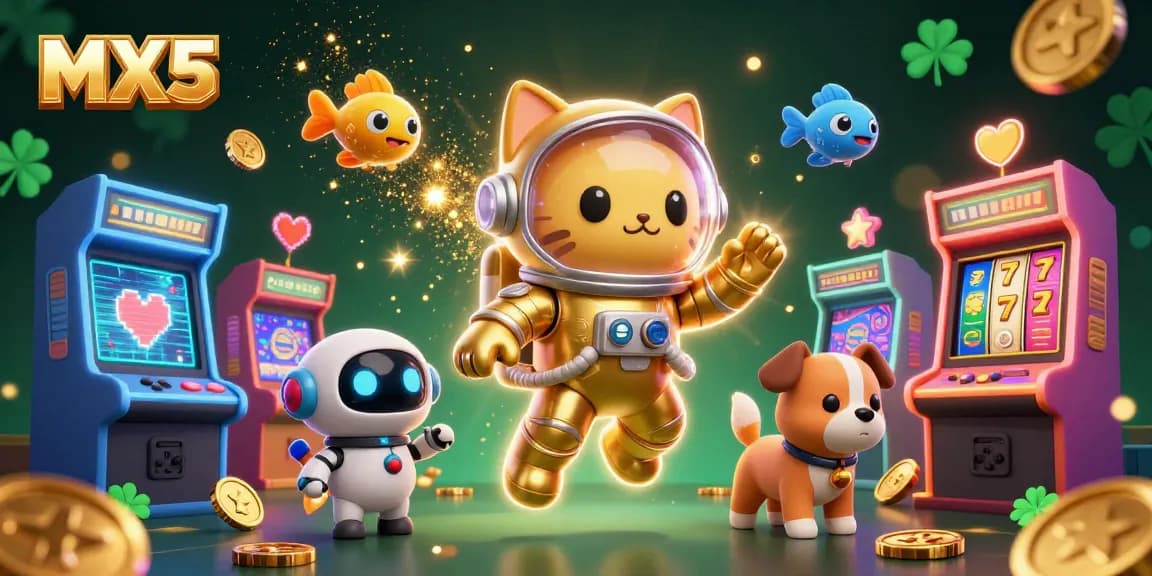 Engage with MX5's vibrant 3D casino scene featuring space astronaut cat and alien companions.