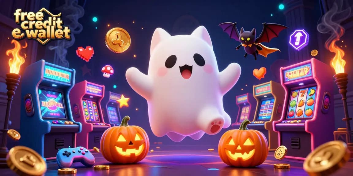 Engage with free credit ewallet strategies in a mystical casino scene with a ghostly cat and vibrant elements.