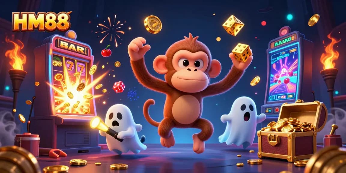 Experience exciting gameplay at HM88 with vibrant 3D casino elements and a playful monkey.