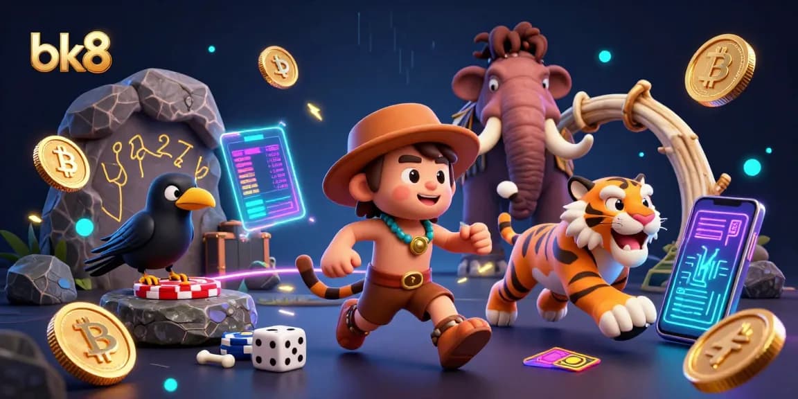 Experience thrilling gaming at bk8 with a vibrant prehistoric casino scene showcasing crypto elements.