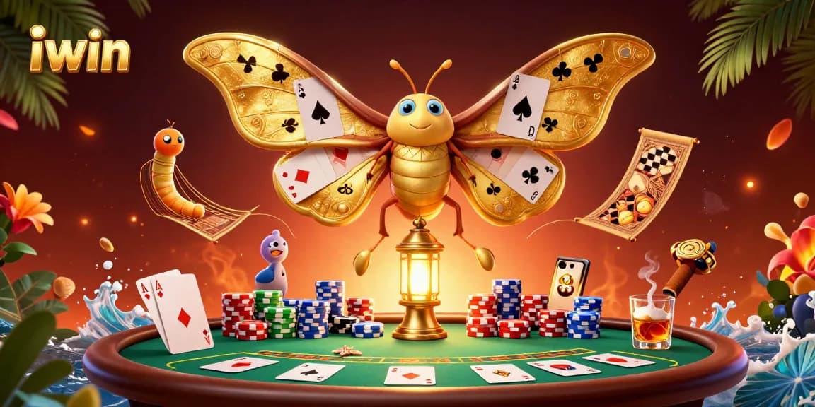 Experience iwin with vibrant casino scenes woven by a majestic cartoon moth illustration.