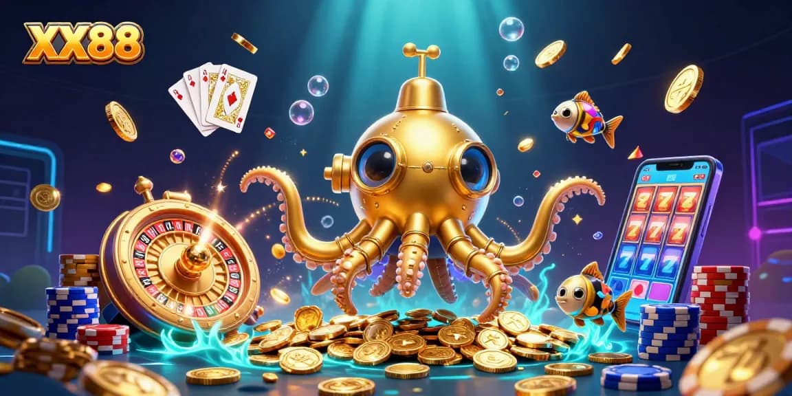 Experience thrilling moments at XX88 with a whimsical golden kraken submarine amidst cascading coins.