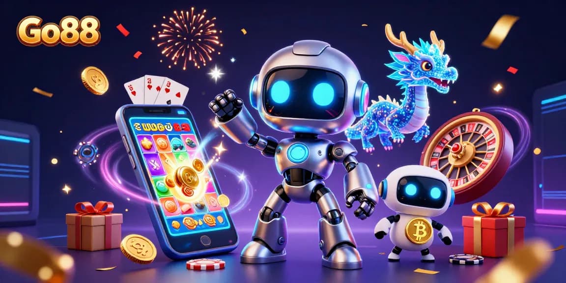 Win big with Go88 in this vibrant 3D casino scene showcasing games and prizes!