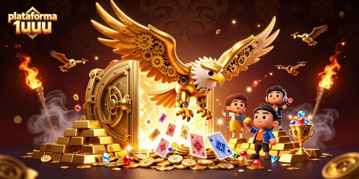 A plataforma 1uuu oferece emoção em uma ilustração 3D de cassino com águia dourada e cartas holográficas.