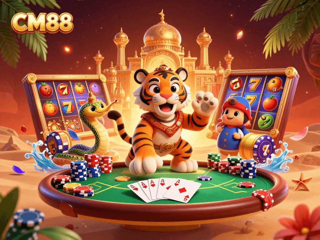 Play at CM88 with vibrant gaming symbols and a captivating desert scene.
