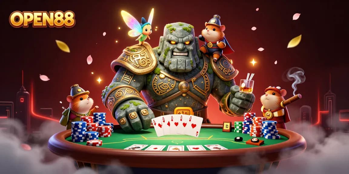Engage with OPEN88 and experience thrilling poker action, featuring a mystical golem with companions in an exciting casino setting.