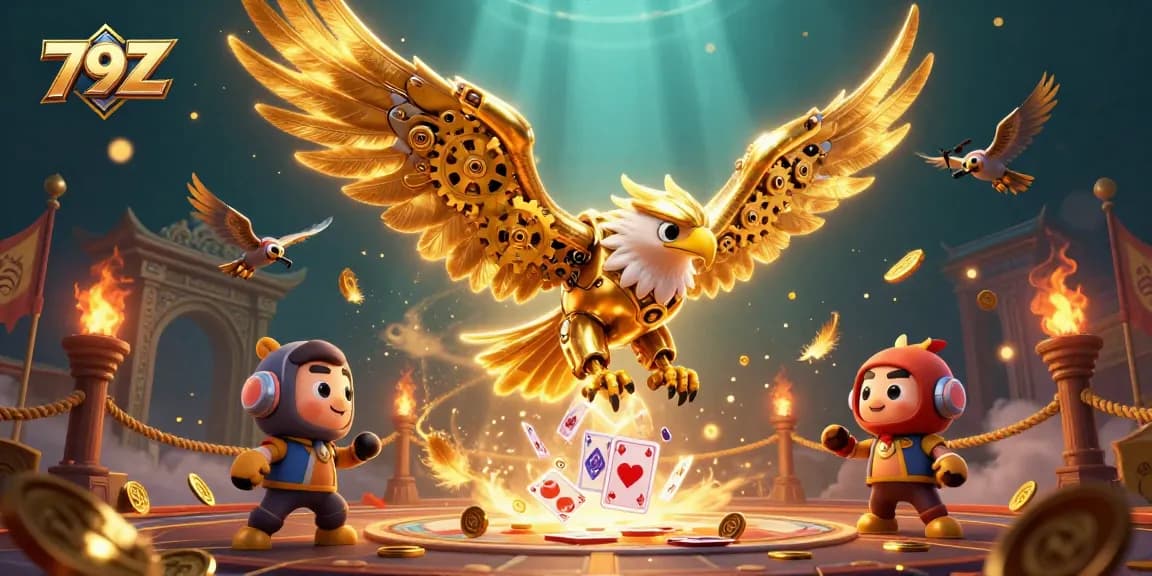 Engage in dynamic gameplay at 79Z with a cybernetic eagle amidst holographic cards.