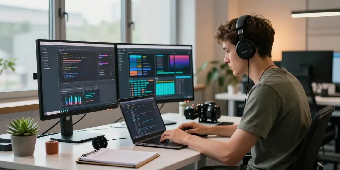 Focused workspace with developer coding for WhatsApp下載, showcasing modern tech ambiance and productivity.