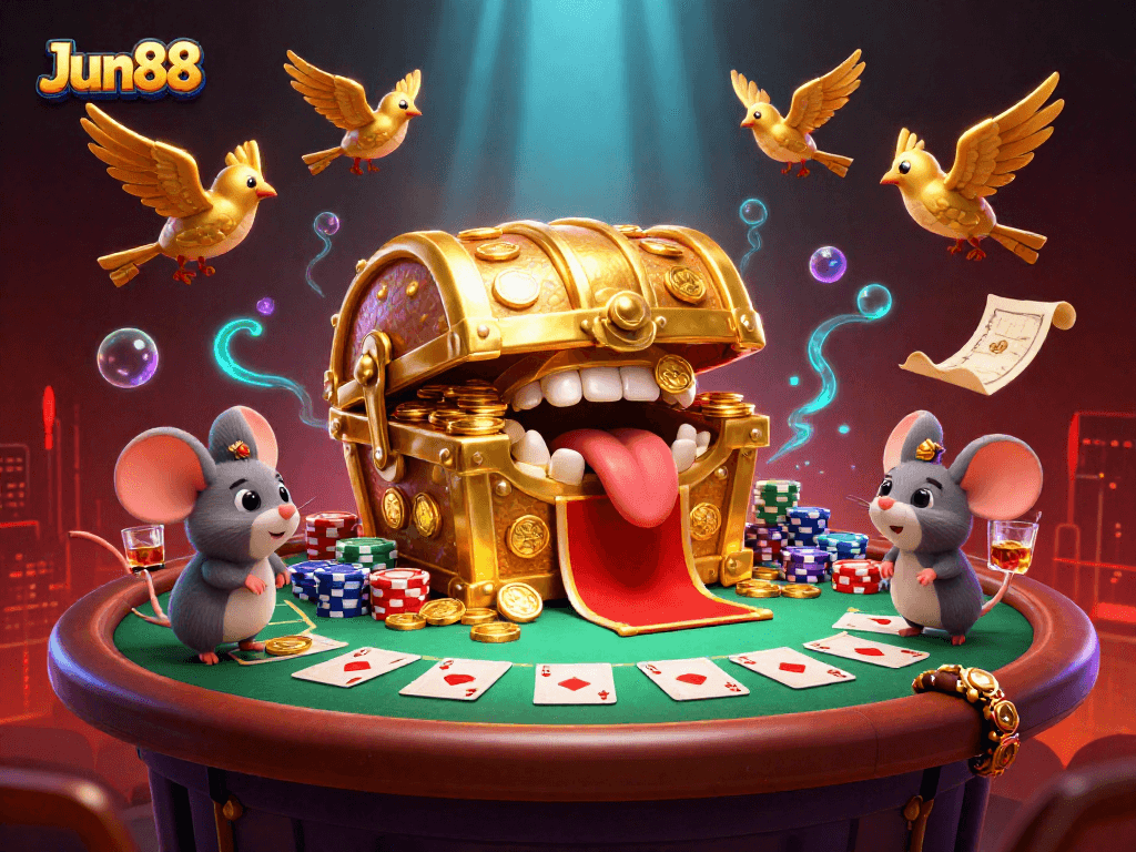 Play poker with Jun88's exciting treasures, featuring vibrant casino elements and charming characters.