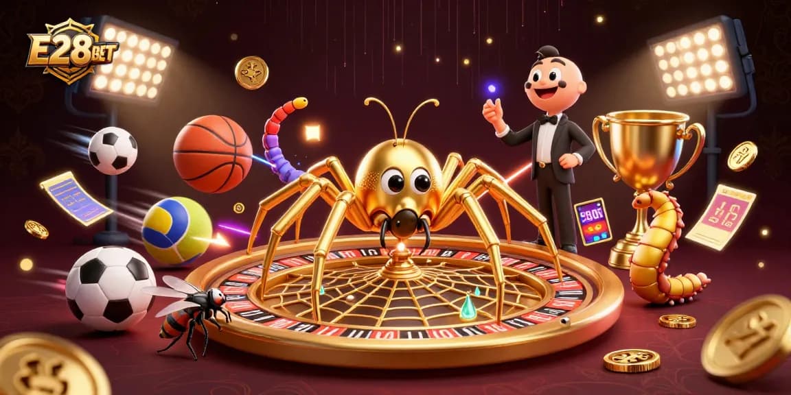 E28BET brings excitement as a fly nervously bets while a spider deals on a roulette web