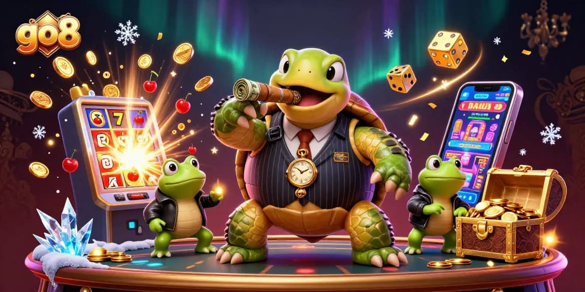 Experience thrilling gameplay at go8 with a vibrant casino scene featuring a massive snapping turtle and exciting slot action.