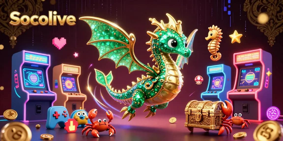 Socolive entertains with a 3D sea dragon and vibrant casino arcade elements for an engaging gaming experience.