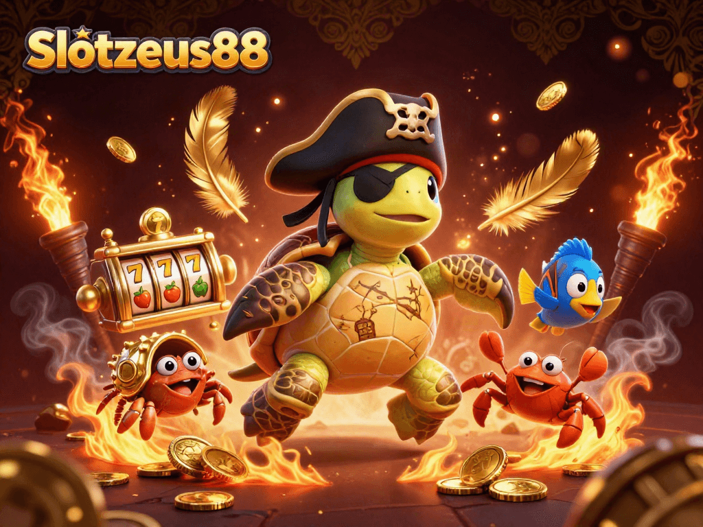 Experience Slotzeus88's thrilling world with a vibrant pirate turtle and treasure in 3D.